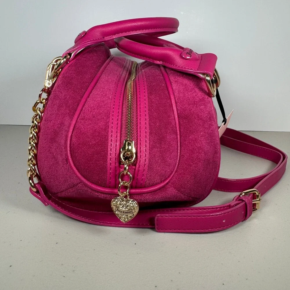 Juicy Couture Angel Velour Bowler Bag Pink Heart Charm Crossbody Tart Satchel